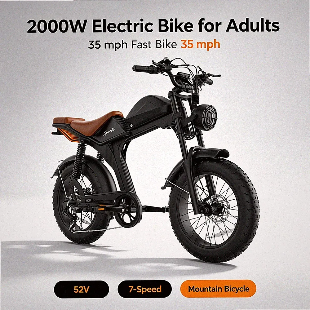2000W Electric Bike for Adults 35 mph Fast Ebike 52V 7-Speed Mountain Bicycle