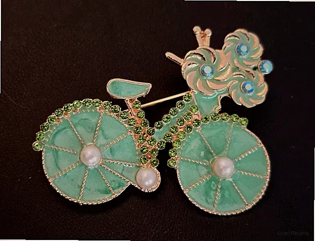 Bicycle Brooch Enamel Rhinestone Green Gold Tone Bike Pin Floral Basket #906