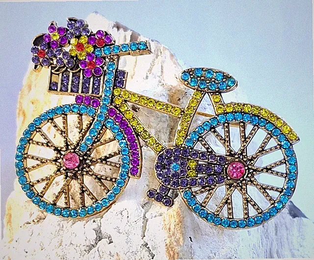 Bicycle Brooch Pin Gold Tone Rhinestone Flower Spring Summer Jewelry Gift