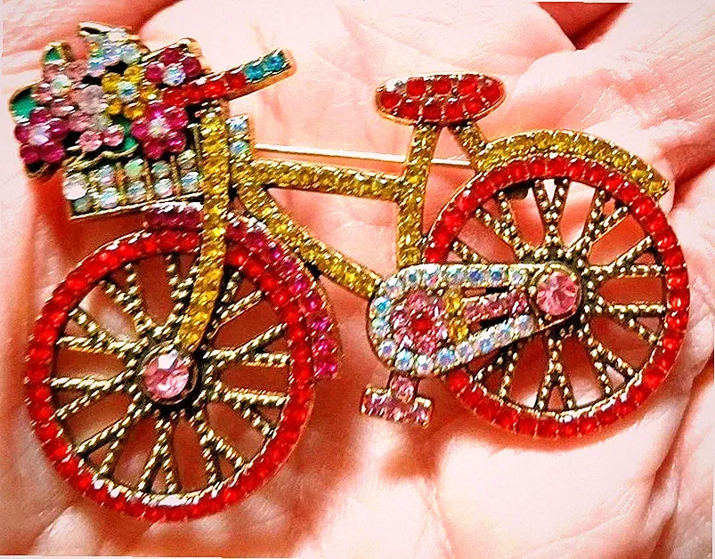 Bicycle Brooch Pin Rhinestones Vtg ? Gold Tone Flowers Multicolor Pave
