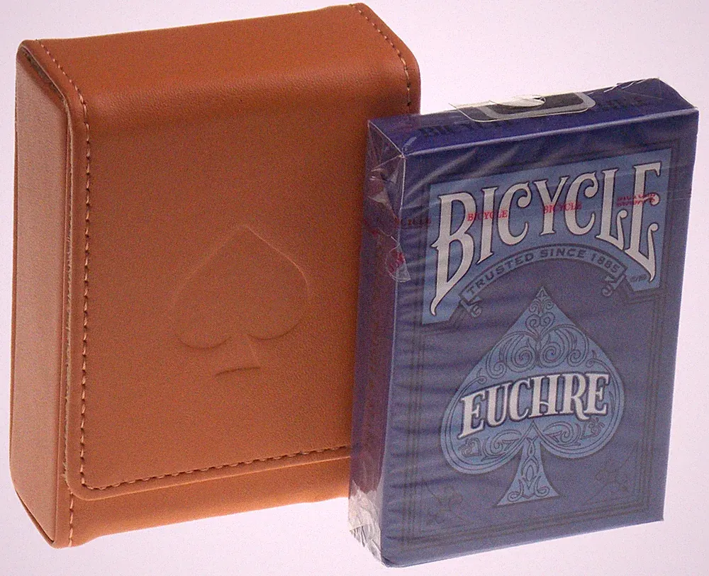 Bicycle Euchre Playing Cards 2 Decks Tan Brown Leather Storage Case Travel Gift