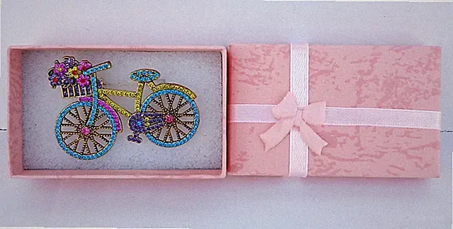 Colorful Rhinestone Bicycle Brooch Pin Flower Basket Bike Jewelry Gift