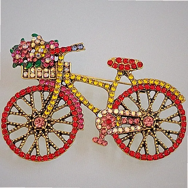 Gold Tone Bicycle Brooch Pin Flower Basket Multi-Color Rhinestones Whimsical 2"