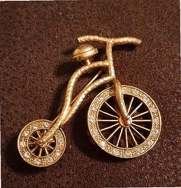 Gold Tone Bicycle Rhinestone Brooch 2”