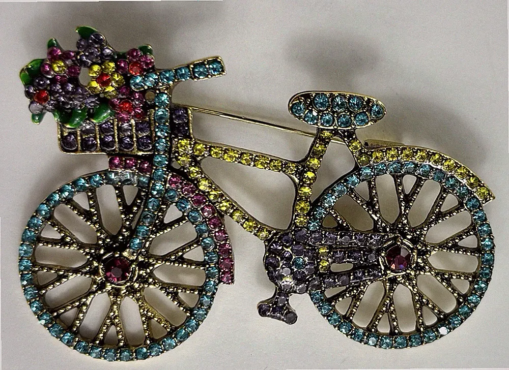 Gold Tone Multi Colored Rhinestones Bicycle With Flower Basket Brooch Lapel Pin