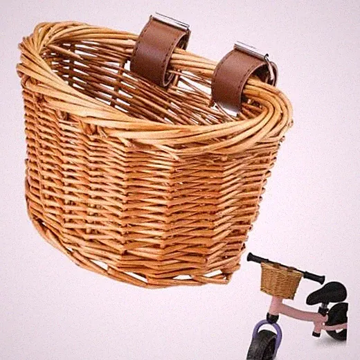 Kids Bike Basket with Adjustable PU Belts, Wicker Bike Baskets Handmade Brown