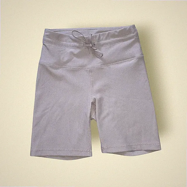S - Yogalicious Lux Taupe Gray Ribbed High-Waist Drawstring Bike Shorts