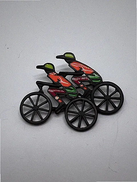 Vintage 1980s Enamel Bicycle & Rider Racers 2” Brooch Pin