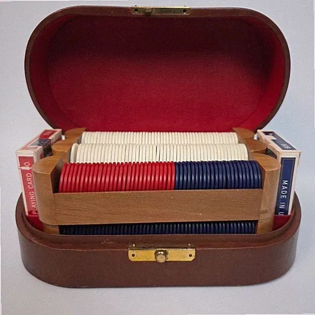 Vintage Leather Poker Chip Set Case with Bicycle Playing Cards & Wooden Trays