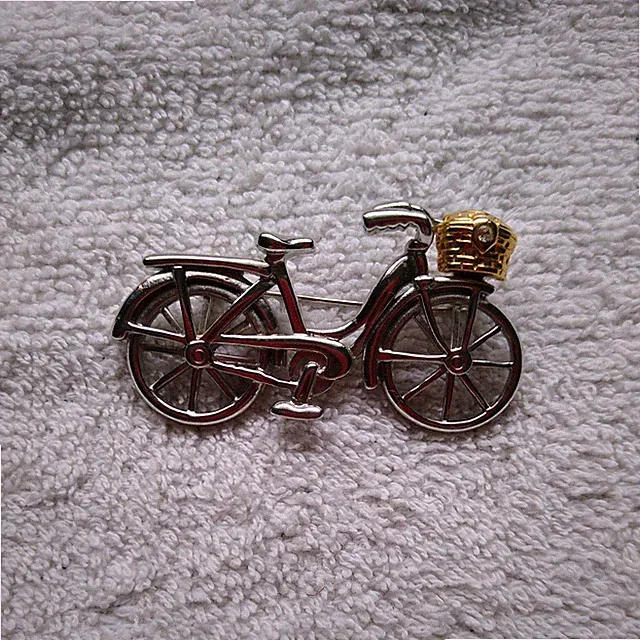 Vintage style bicycle bike with basket pin brooch silver and gold tone costume