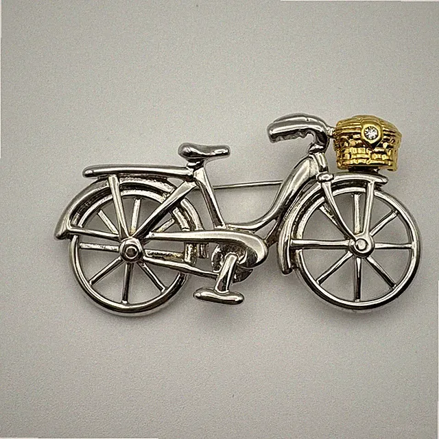 Vintage Style Silvertone Bike Bicycle Goldtone Basket With Rhinestone Brooch Pin