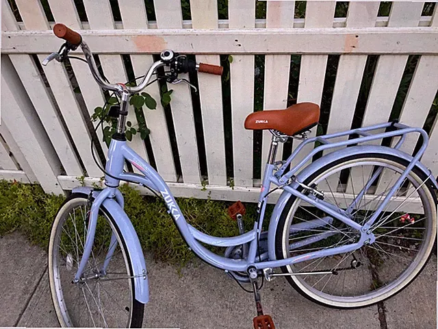 Zukka Sedona city style bike. Blue with brown leather seats, 7 gears and a bell.